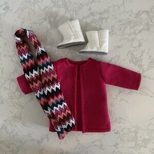 Pink Fleece Coat Scarf & White Boots Set fits American Girl Doll 18 Inch Clothes